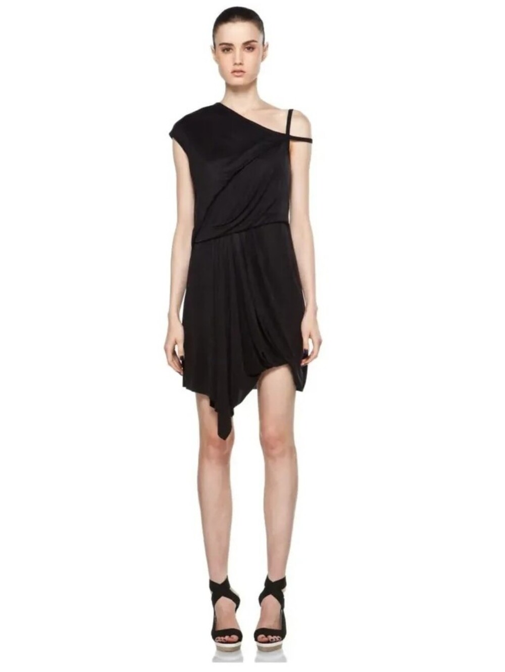 HELMUT LANG Black Shale Jersey Draped Asymmetric Dress | SZ XS